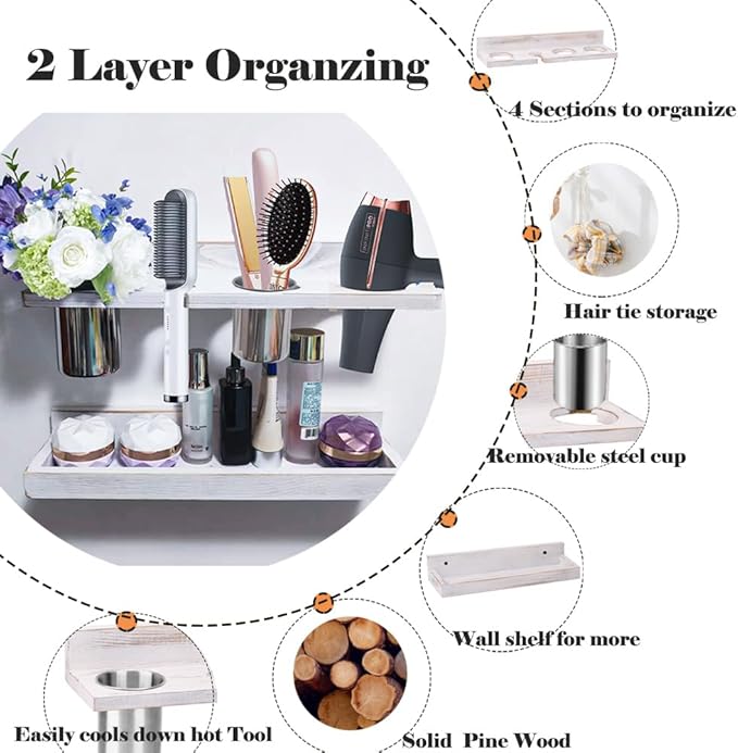 Wall-Mounted Hair Tool Organizer with Heat Resistance - Set of 2 Layer Rustic Blow Dryer Holder (White)