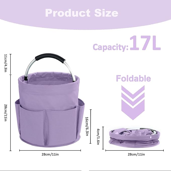 17L Cleaning Caddy with Handle, Cleaning Supplies Organizer, Foldable Storage Basket, Cleaning Supply Caddy, Portable Multi Cleaning Bucket Bag for Home, Garden (Purple)