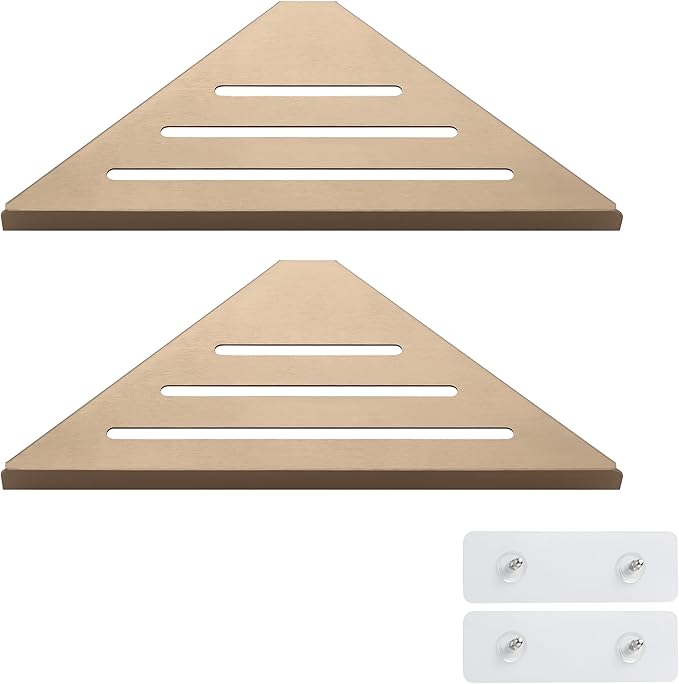 BVL Corner Shower Shelf, 8 Inch Champagne gold 2-PACK Bathroom Corner Organizer, Adhesive Wall Mounted Shower Caddy, Waterproof Rustproof Metal Storage Rack for Shampoo Soap