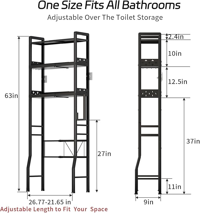 Over the Toilet Storage Shelf 3-Tier Adjustable Bathroom Organizers and Storage Shelves Bathroom Rack Above Toilet Storage with Paper Holder and 4 Hooks Space Saver Storage for Laundry