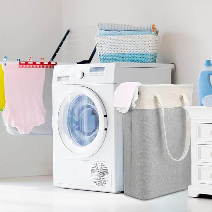 Laundry Basket with Handles Beige&Silver Slim Laundry Bin Collapsible Dirty Clothes Basket Narrow Laundry Bag Foldable Dirty Hamper for Camping, Dorms, Apartments