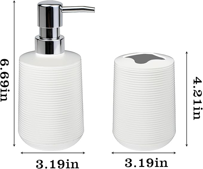 Bathroom Accessories Set, Bathroom Soap Dispenser & Toothbrush Holder Set, 2 Piece High Capacity Organizer in White, Minimalist Boho Style for Clutter Free Bathroom