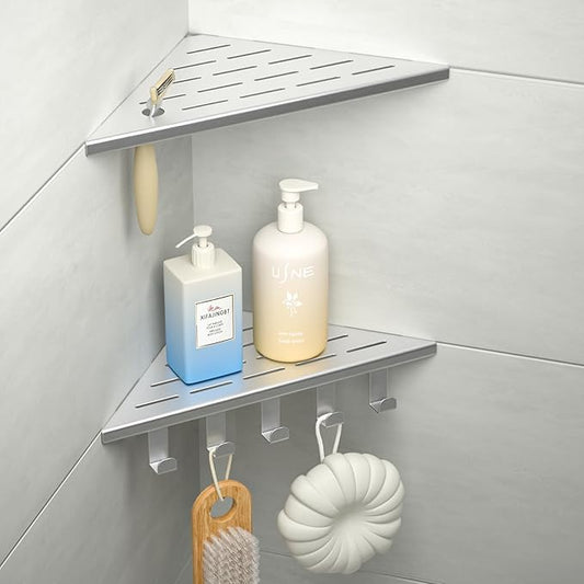 10'' Corner Shower Shelf, 304 Stainless Steel Shelves for Bathroom, Grout in Shelf with Hooks for Tiled Wall (Brushed)
