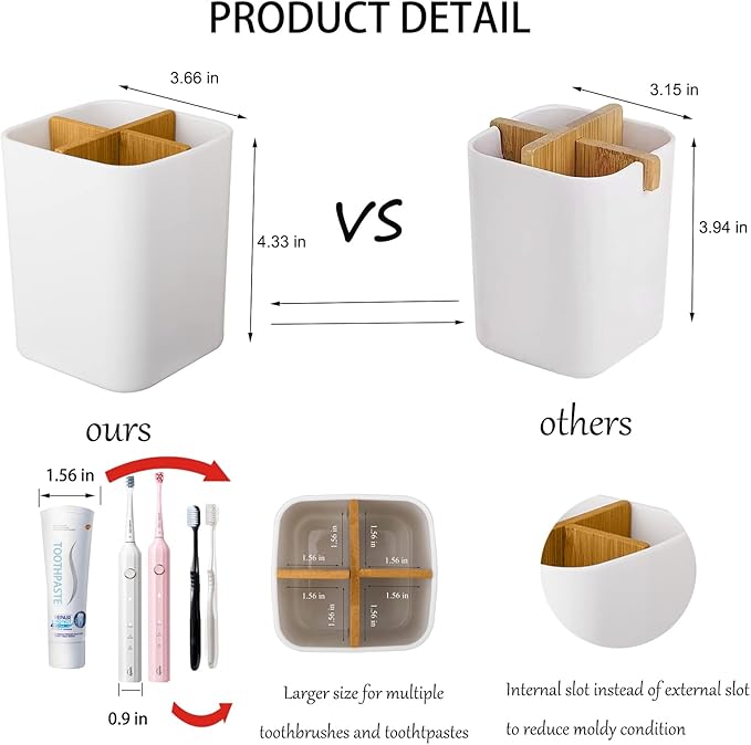 Bamboo Toothbrush Holder for Bathrooms, 4 Slots Toothbrush and Toothpaste Holder Bathroom Counter Organizer for Electric Toothbrushes, Floss, Razors - White
