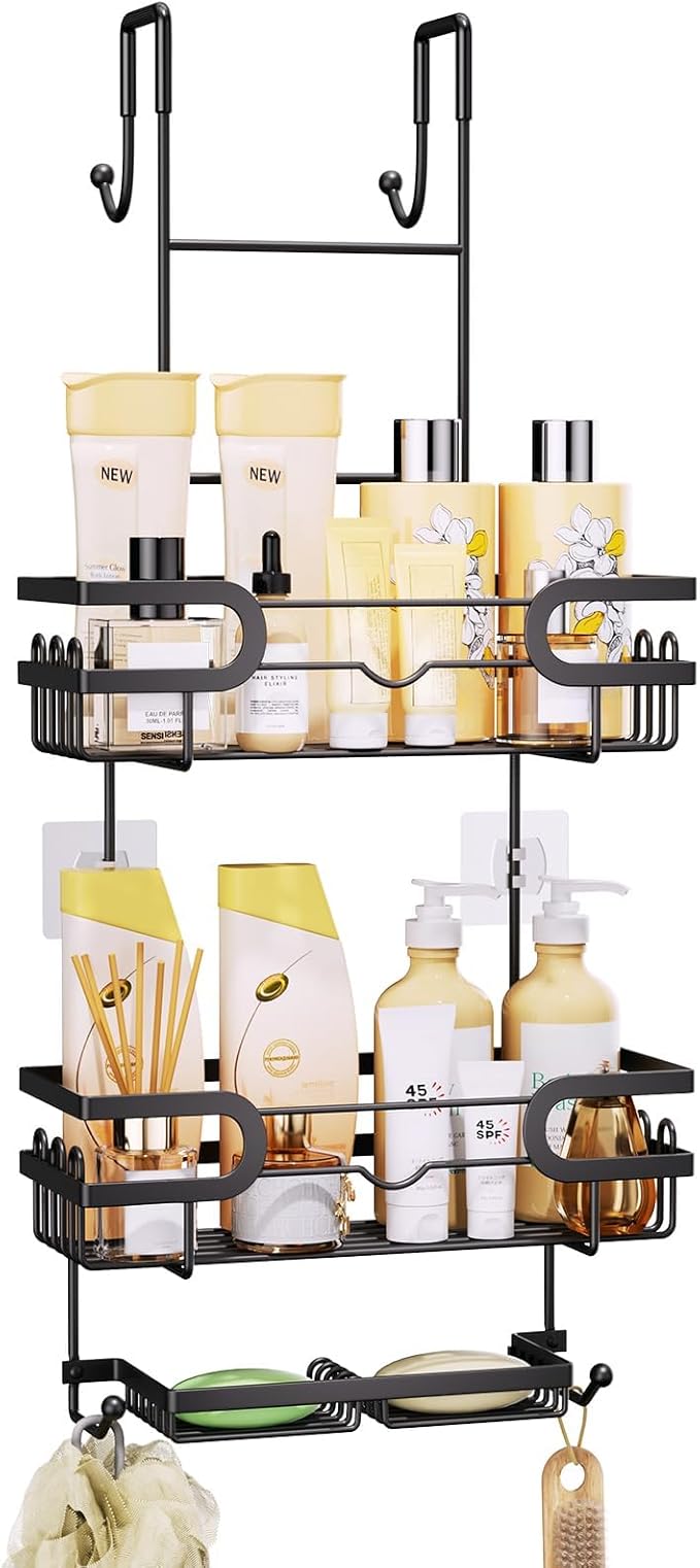 SWTYMIKI Over the Door Shower Caddy Hanging with Double Soap Holder, Hanging Shower Organizer with 16 Hooks, No Drilling Shower Shelves Over Door, Bathroom Rack and Storage, Black