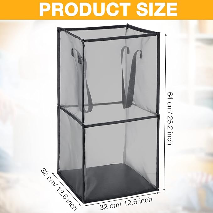 Zopeal 3 Pack Popup Laundry Hamper 13 Inch Collapsible Laundry Baskets with Handles Mesh Clothes Baskets Portable Foldable Clothes Hamper Square Bin for Washing (Black,Double-layer)