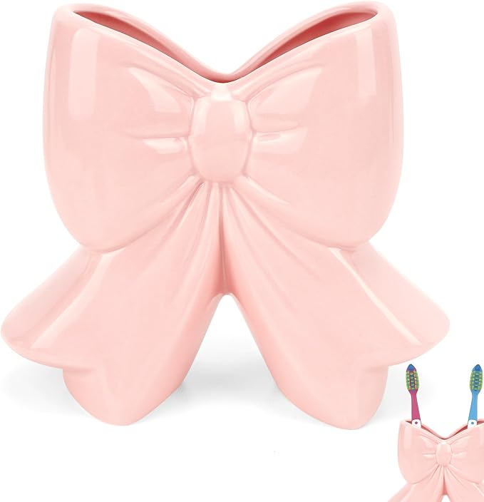 Cute Toothbrush Holder, Ceramic Bow Toothbrush Holder, with Drain Hole Bathroom Countertop Accessories, for Bathroom Canister Storage Organization, Vanity Makeup Organizer (Pink)