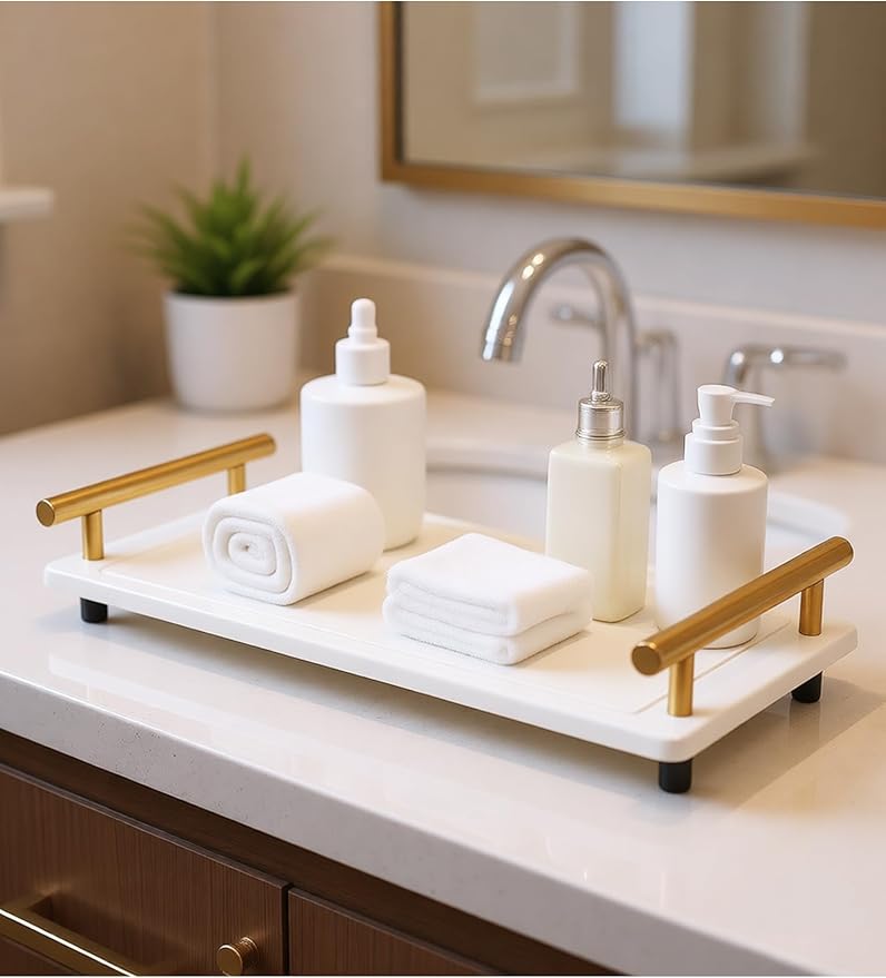 Instant Dry Sink Caddy Organizer,Diatomaceous Earth Bathroom Organizer with Handle Water Absorbing Stone Tray for Sink Water Absorbent Diatomite Coasters (L White Gold Handle)