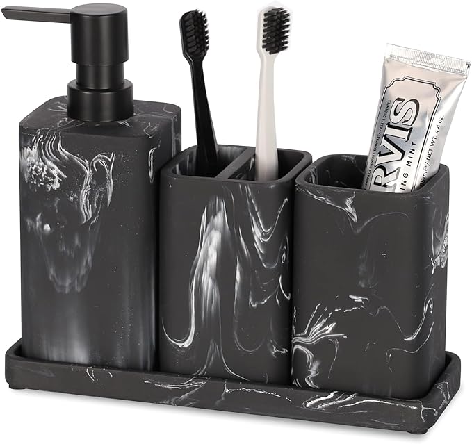 ZCCZ Bathroom Accessory Sets, 4 Pieces Bathroom Accessories Complete Set Vanity Countertop Accessory Set, Includes Lotion Dispenser Soap Pump, Tumbler, Toothbrush Holder and Tray (Black Marble Look)