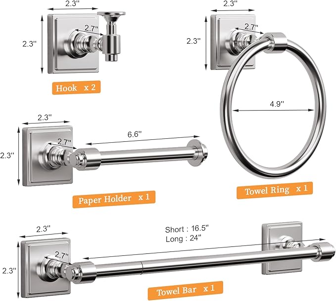 Brushed Nickel Bathroom Towel Bar Set, 5 Piece Bathroom Hardware Accessory Set, SUS304 Stainless Steel 24" Towel Rack Holder Set for Bathroom, Wall Mounted