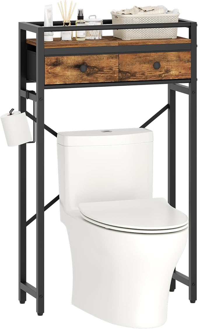 MAHANCRIS Over Toilet Storage, 2-Tier Bathroom Organizer Shelf with 2 Fabric Drawers and Toilet Paper Holder, Freestanding Above Toilet Rack for Small Spaces, Space-Saving, Rustic Brown TSHR1101