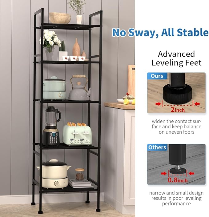 SUNLPH 5-Tier Wire Shelving Metal Rack Shelves, Standing Storage Shelf Units Flat for Laundry Bathroom Kitchen Pantry Closet Organization (Black, 16.9" L x 12.2" W x 53.4" H)