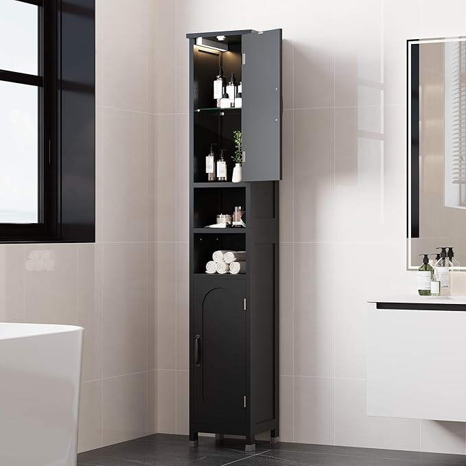 Hawkrown 67" Tall Bathroom Storage Cabinet with Lights, Slim Narrow Bathroom Cabinet Organizer with Doors and Adjustable Shelves, Tall Cabinet for Small Space (66.9" Tall-Black with Light)