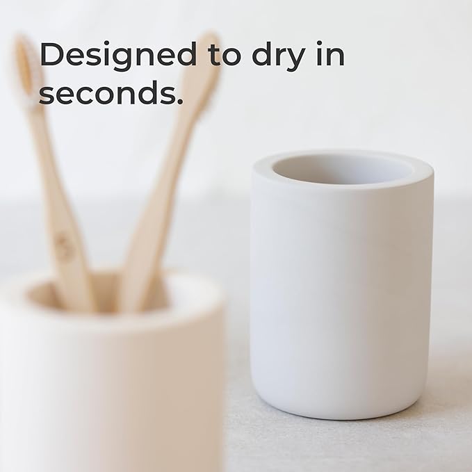 Selegna Diatomite Drying Stone Toothbrush Holder, Modern Ceramic-Look Countertop Cup with Drainage for Bathroom, Quick Drying Electric Toothbrush & Toothpaste Organizer, Stoneware Finish