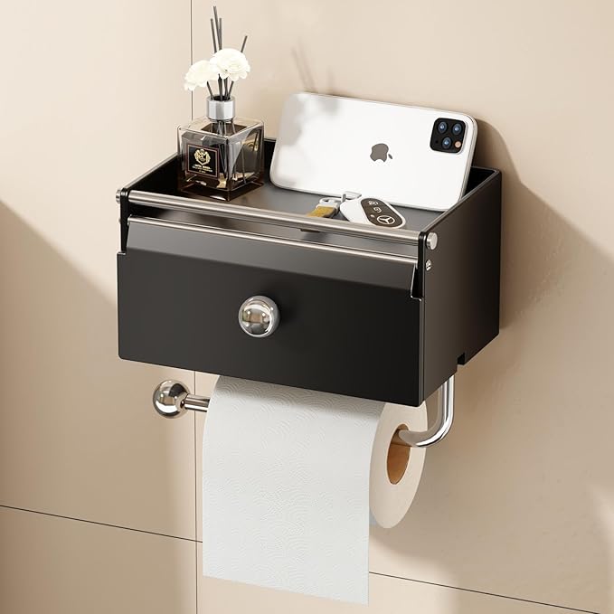 Voldra Toilet Paper Holder with Shelf, Flushable Wipes Dispenser for Bathroom, Adhesive Toilet Paper Roll Holder with Storage Wall Mount Stick On Bathroom Tissue Holder Front Flip Design (Matte Black)