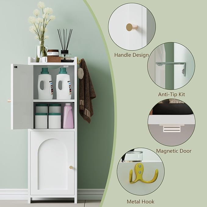 Arbuxzuy Small Bathroom Storage Cabinet,Corner Floor Cabinet with 2 Doors and Adjustable Shelf, Narrow Toilet Paper Cabinets with 2Hooks,Toilet Organizer for Small Spaces，7.87"D*9.84"W*29.72"H(White)