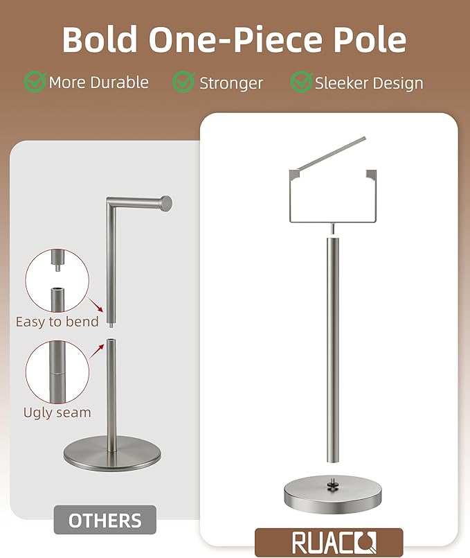 RUACQ Toilet Paper Holder Stand, Magnetic Closure Toilet Paper Stand with Lift-Up Rotating Arm, SUS304 Stainless Steel Bathroom Toilet Paper Holder Free Standing, Weighted Base (Brushed Nickel)