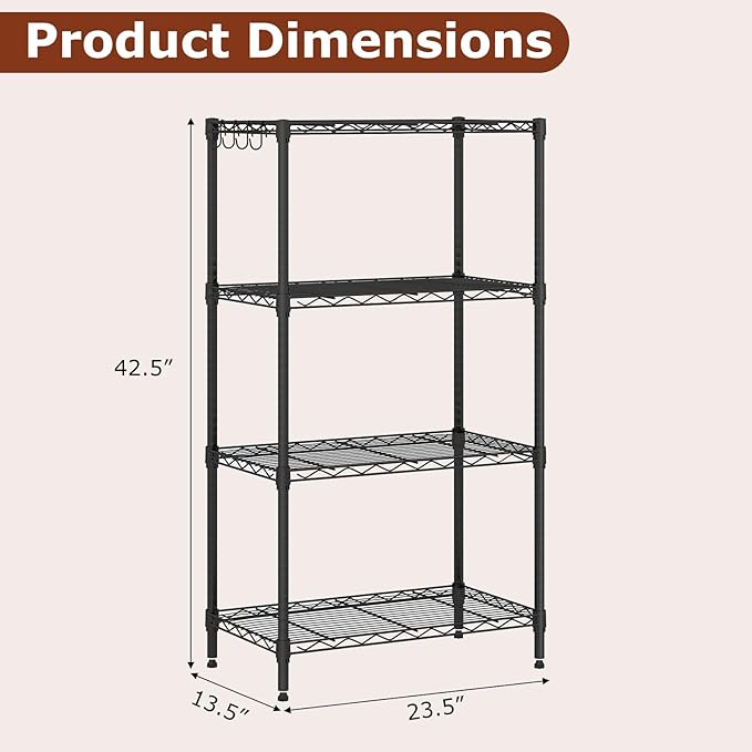 GOFLAME 4-Tier Metal Storage Shelving Unit, Heavy-Duty Adjustable Utility Shelf with V-Shaped Wire Rack, 600 LBS Storage Organizer for Home, Kitchen, Garage, Basement, 23.5”L x 13.5”W x 42.5”H