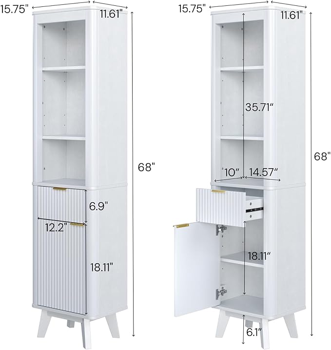 XIAO WEI 68" Tall Bathroom Storage Cabinet, Narrow Bathroom Storage Cabinets with 3 Adjustable Shelves, Slim Wooden Storage Cabinet with 1 Drawer & Door for Bathroom, White