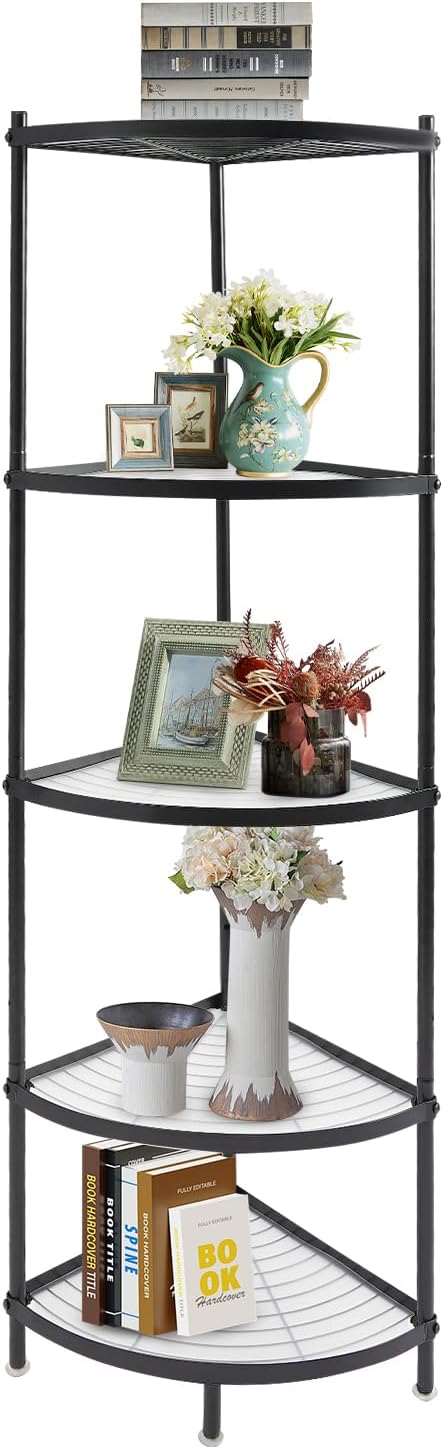 5 Tier Corner Shelf Stand, 52" Kitchen Shelf Organizer with Metal Frame, Multipurpose Space Saving Storage Rack for Living Room, Office, Kitchen