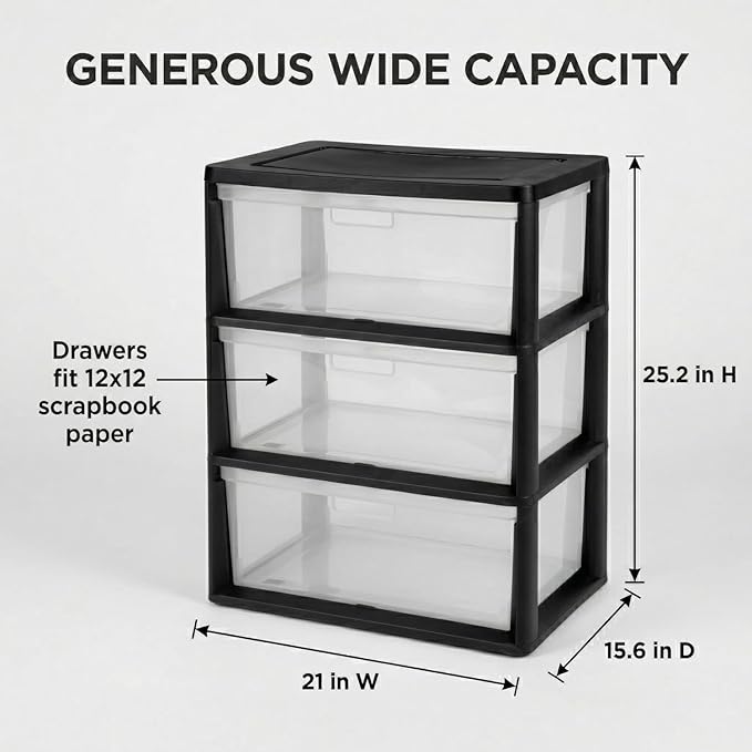 Wide 3 Drawer Plastic Storage Tower with Clear Removable Bins, 15.6" x 21" x 25.2" Organizer Unit with Drawer Stops and Easy-Pull Handles for Closet, Dorm, and Office Organization, Black