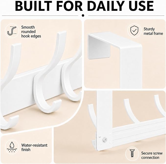Peasulin Over The Door Hooks, Door Hanger with 12 Coat Hooks, 7.4" Extended Arm Over Door Towel Rack, Aluminum Alloy Rust-Proof, No Drilling, for Bathroom Bedroom Closet Entryway (White)