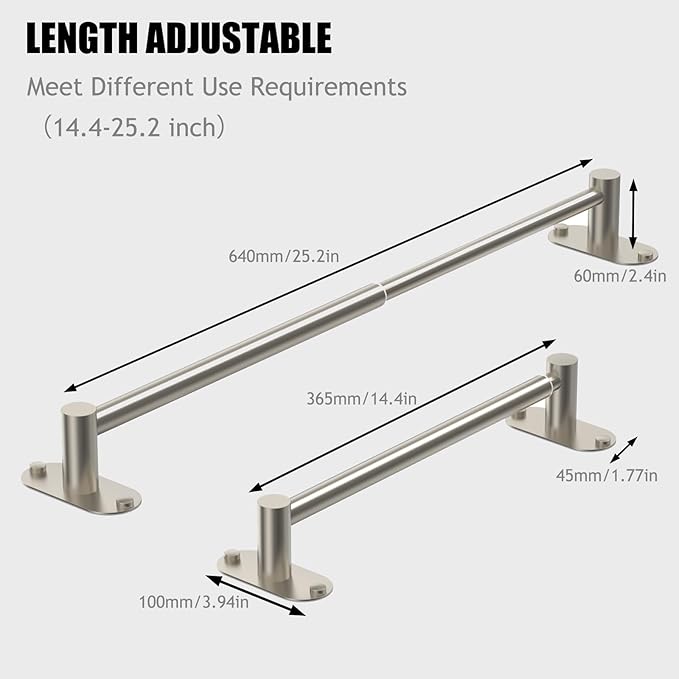 Towel Bar, Adjustable 14.4inch - 25.2inch Towel Rack, Self Adhesive & Wall Mounted for Bathroom Kitchen Hand Towel Holder Cloths Hanger SUS 304 Stainless Steel Single Bar (4, Brushed Nickel)