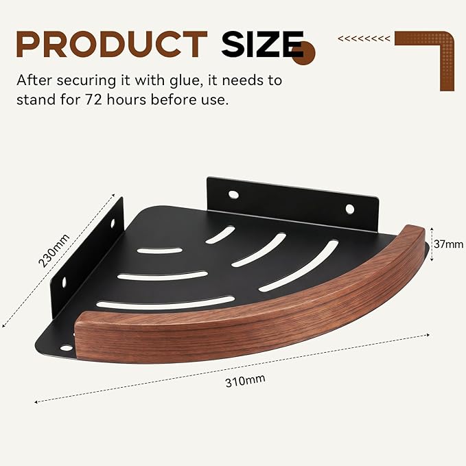 Novabright 2 Pcs Corner Shower Shelf Walnut Wood Metal Corner Shower Caddy No Drill Adhesive Rustproof Triangular Bathroom Shelf Organizer for Home Bathroom