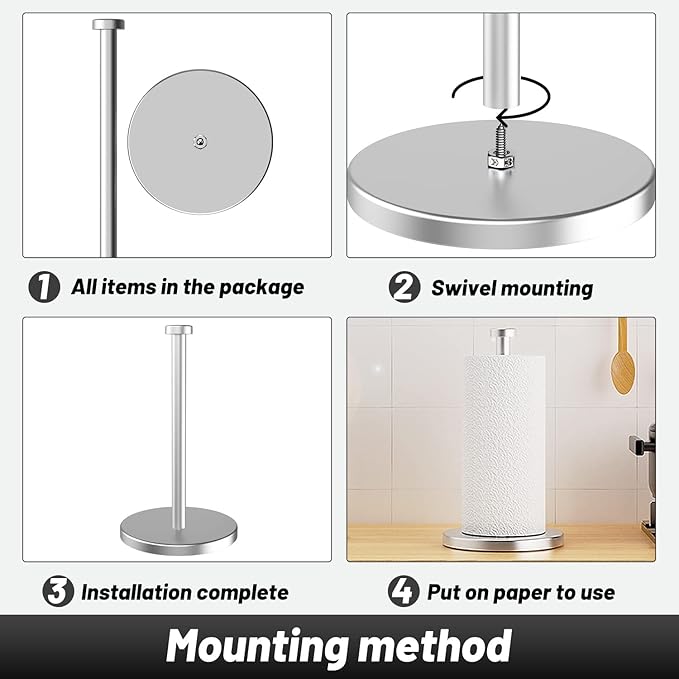 VEHHE Paper Towel Holder Countertop, Weighted Non-Slip Base, Stainless Steel Paper Towel Holder for Kitchen Bathroom (Silver)