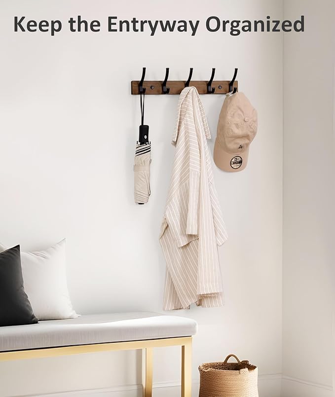 Optish Coat Rack Wall Mount, 16.5 Inches Wood Coat Hooks, Wall Hooks for Hanging, Hat Rack Bag Hanger Key Holder for Wall, Purse Hanger Towel Racks for Bathroom (1Pack, Brown)