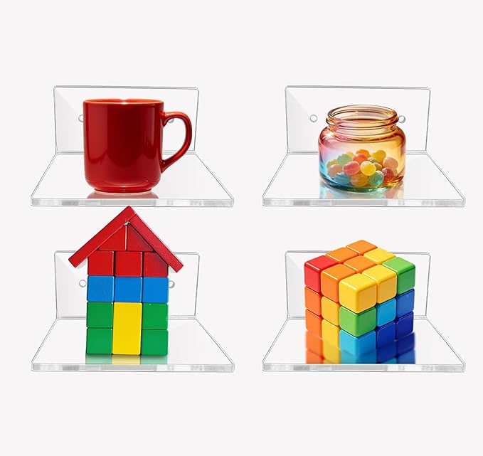 4 Pcs Clear Acrylic Floating Wall Shelves, Small Floating Shelves for Wall Shelf Acrylic Display Ledges, Small Corner Shelf for Bedroom Bathroom Book Speaker Hanging Shelves - Clear (4 Inch 4Pack)