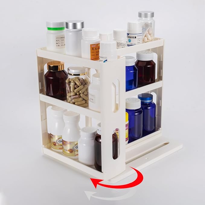 Dutiplus 3-Tier Medicine Organizer Cabinet Storage Rack with Pull-and-Rotate Design for Holding Vitamins, Supplements, Cosmetics 10.82" H x 5.82" W x 10.43" D (Creamy White)
