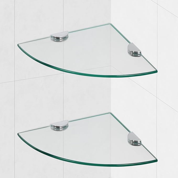 Glass Corner Shower Shelves, Tempered Floating Glass Shelves Wall Mount, Shower Caddy Organizer, Bathroom Corner Shelf with Zinc Alloy Brackets for Bathroom, Kitchen, Living Room, 9.8" x 9.8", 2 Pack
