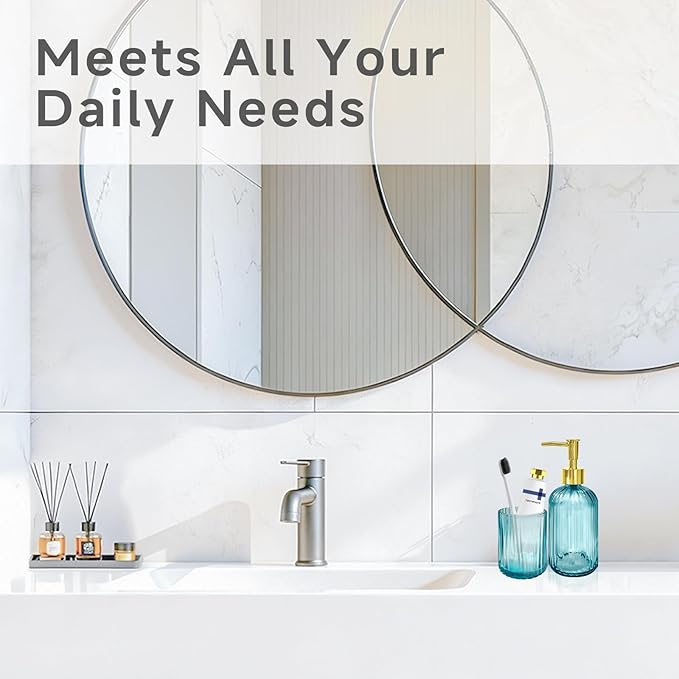 2 PCS Teal Blue and Gold Glass Bathroom Accessory Sets, Blue Bathroom Set, Soap Dispenser and Toothbrush Holder Set for Modern Bathroom Decor