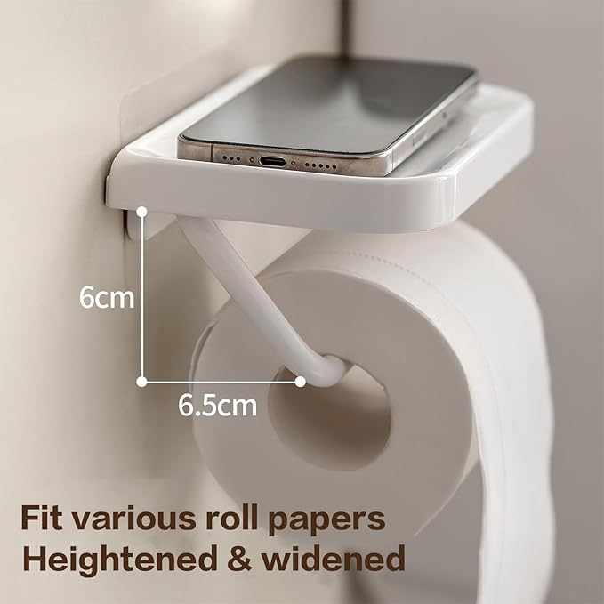 Self Adhesive Toilet Paper Holder with Shelf, No Drill Wall Mounted Bathroom Tissue Holder, Sticky TP Roll Holder with Phone Shelf for RV, White