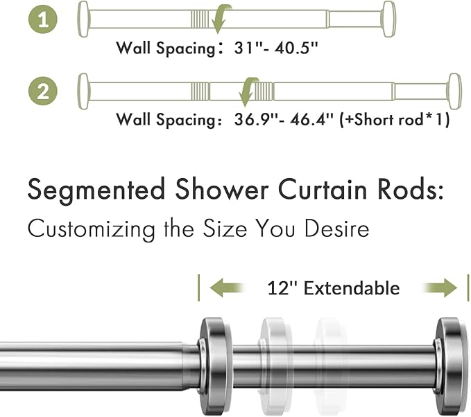 AmazerBath Spring Tension Shower Curtain Rod, 31-46.5 Inches Heavy Duty Tension Rod Rust Proof Bathroom Curtain Rod, Adjustable No Drill Easy Segmented Installation, Chrome