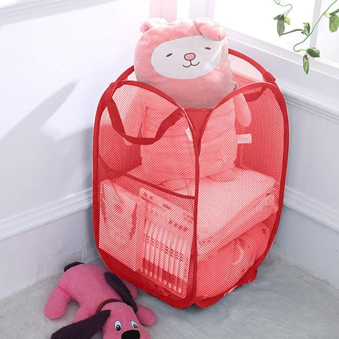 Pop up Hamper for Laundry, Collapsible Mesh Laundry Basket, Portable Foldable Clothes Hamper Storage Bin for Apartment, College Dorm or Travel, Red
