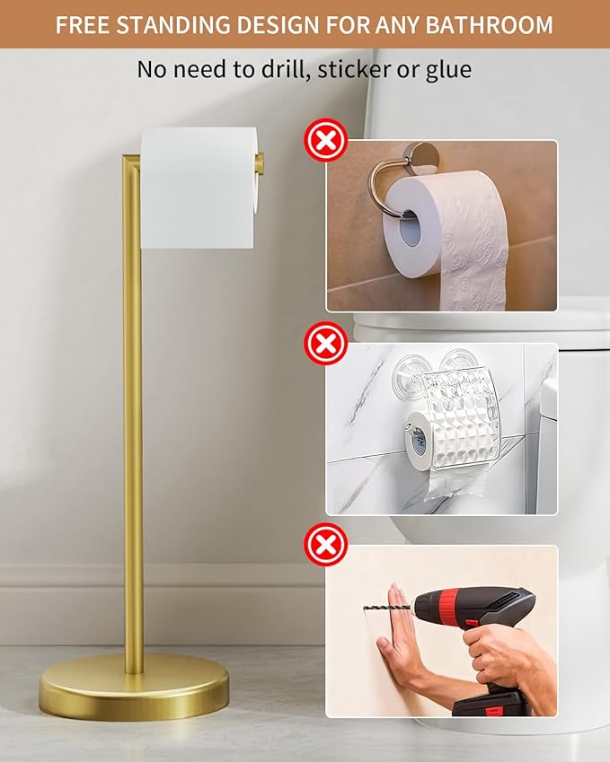 BWE Bathroom Toilet Paper Holder Stand Brushed Gold SUS304 Stainless Steel RV Modern Freestanding Toilet Paper Roll Holder for Bathroom and Washroom with Heavy Weighted Base