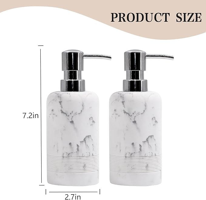 YMXYJM Resin Soap Dispenser Sets, 2 Pcs Heavy Lotion Dispensers,10.8oz Refillable Liquid Soap Dispensers with Rust-Proof Pump for Bathroom Countertop or Kitchen, Artificial Marble White