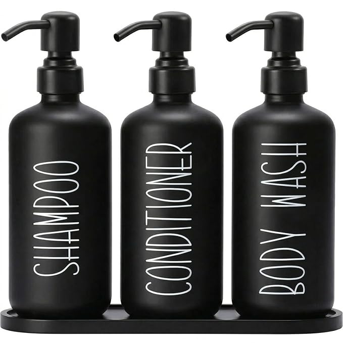 MOMEEMO Reusable Shampoo and Conditioner Bottles with Tray, Shampoo Bottles Refillable with Pump, Pump Bottles for Shampoo and Conditioner, Shower Dispenser Bottles (Black)