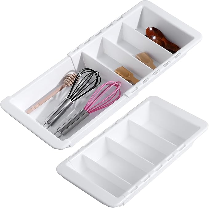 2 PCS Sliding Drawer Tray with Adjustable Dividers, Expandable Kitchen Storage Organizer, Sliding Drawer Bin, Expandable Drawer Organizer, Drawer Organizer Trays For Utensils, Flatware, Junks