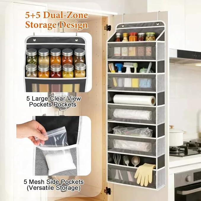Over the Door Organizer 5-Tier, Heavy Duty Behind Door Storage, Anti-Tilt Capacity, Door Hanging Organizer with Clear Window for Closet, Bathroom, Nursery, Bedroom, Pantry, Shoe Diaper (Dark Gray)