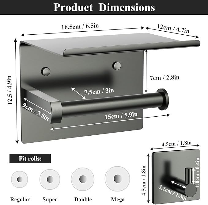 Tindbea Mega Size Toilet Paper Holder with Shelf + Towel Robe Hooks, Adhesive or Screw Wall Mounted Toilet Paper Roll Holder, Stainless Steel Bathroom Hardware Set (Polished Grey)