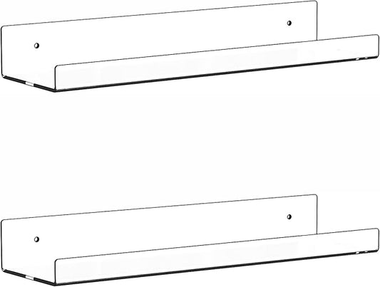 2 Pack Clear Acrylic Shelves for Wall with Adhesive,15 Inch No Drill Floating Shelves for Bathroom,Bedroom,Renter Friendly,Kids Room Bookshelf,Wall Display Shelf for Lego,Funko Pop,Figurine,Perfume
