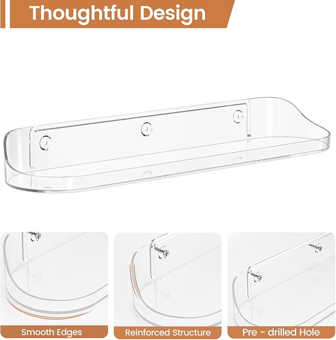 SpaceWhisper Floating Shelves for Wall, 4-Pack 15" Wall Shelves for Bathroom, Bedroom, Kitchen, Living Room, Display Hanging Shelf Organizer for Book, Picture Ledge, Figure Storage, Room Decor (Clear)