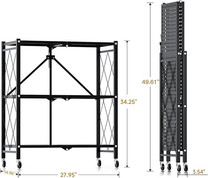 HealSmart 3-Tier Foldable Metal Heavy Duty Storage Shelving Unit with Wheels, Organizer Shelves for Garage Kitchen Holds up to 750 lbs Capacity, Black