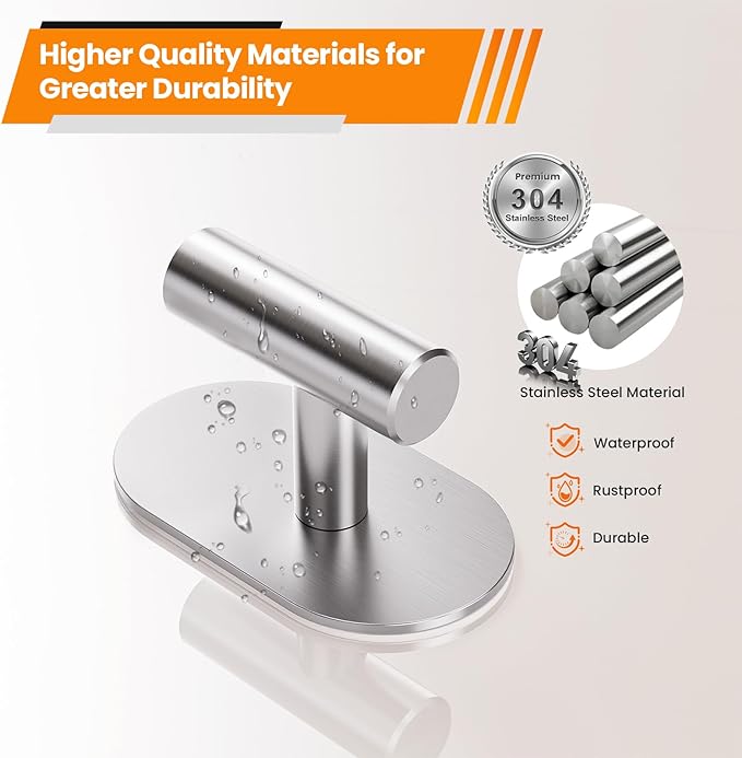 Aikzik Silver Adhesive Hooks Heavy Duty, Wall Hooks for Shower, Bathroom, Towel, Coat, Robe, Stainless Steel Hooks for Hanging, Waterproof & Rustproof Sticky Hooks for Walls No Damage- 2 Pack