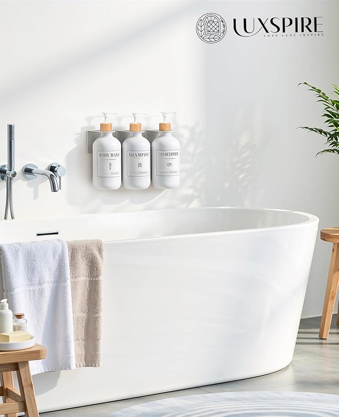 Luxspire Shampoo and Conditioner Dispenser, Shower Soap Dispenser Wall Mounted 3 Sets Plastic Bottles Bamboo Pump, 17OZ Shampoo and Conditioner Bottles for Bathroom, Shower Wall and Hotel, White