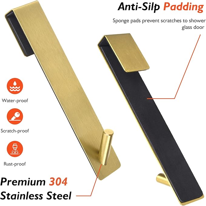 Kontoyo Shower Door Hooks(10 Inch),Extended Over Door Hooks for Bathroom Frameless Glass Shower Door,Stainless Steel Towel Hooks,Heavy Duty Rack Hooks for Robe,Towel-2 Pack-Gold