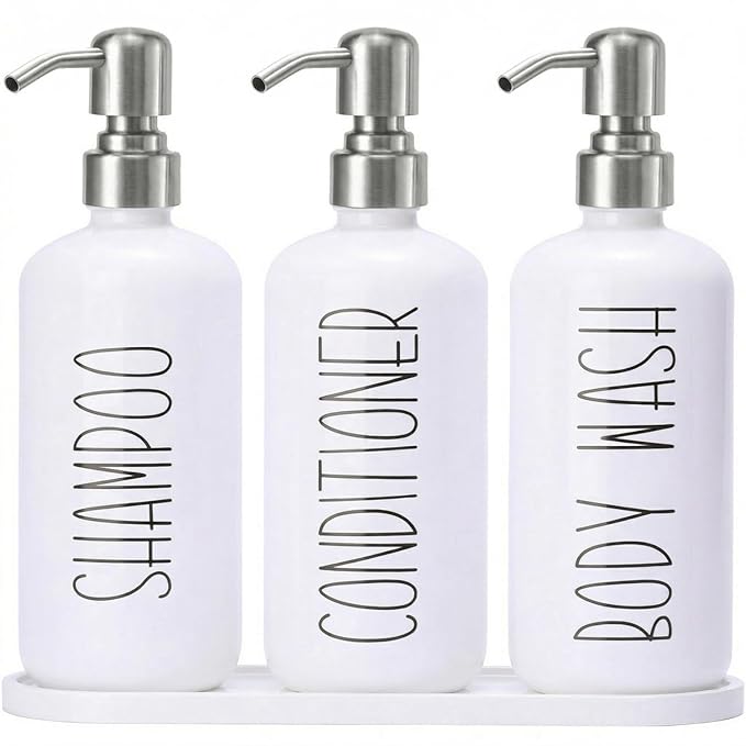 MOMEEMO Refillable Shampoo and Conditioner Bottles with Tray, Shower Shampoo Dispenser for Shower, Body Wash Dispenser for Shower, Shampoo Conditioner Dispenser with Stainless Steel Pumps (White)
